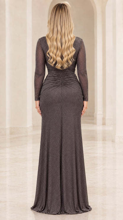 Back view of Charcoal floor length evening dress showing gathered ruched detail