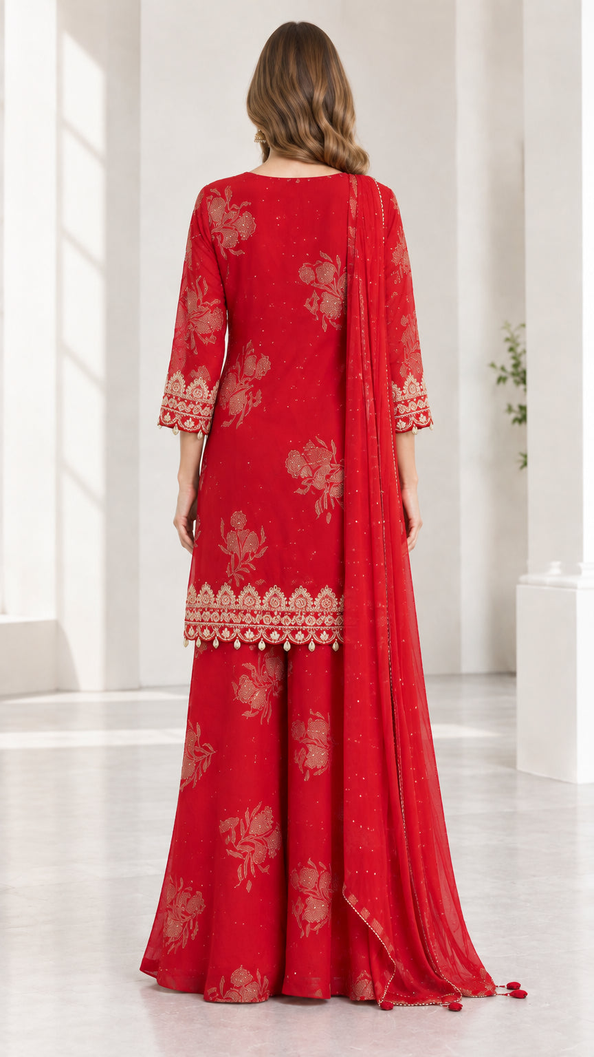 Back view of woman wearing red 3-piece embroidered kurta sharara ensemble