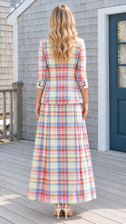 Back view of tailored pastel plaid blazer and pleated maxi skirt