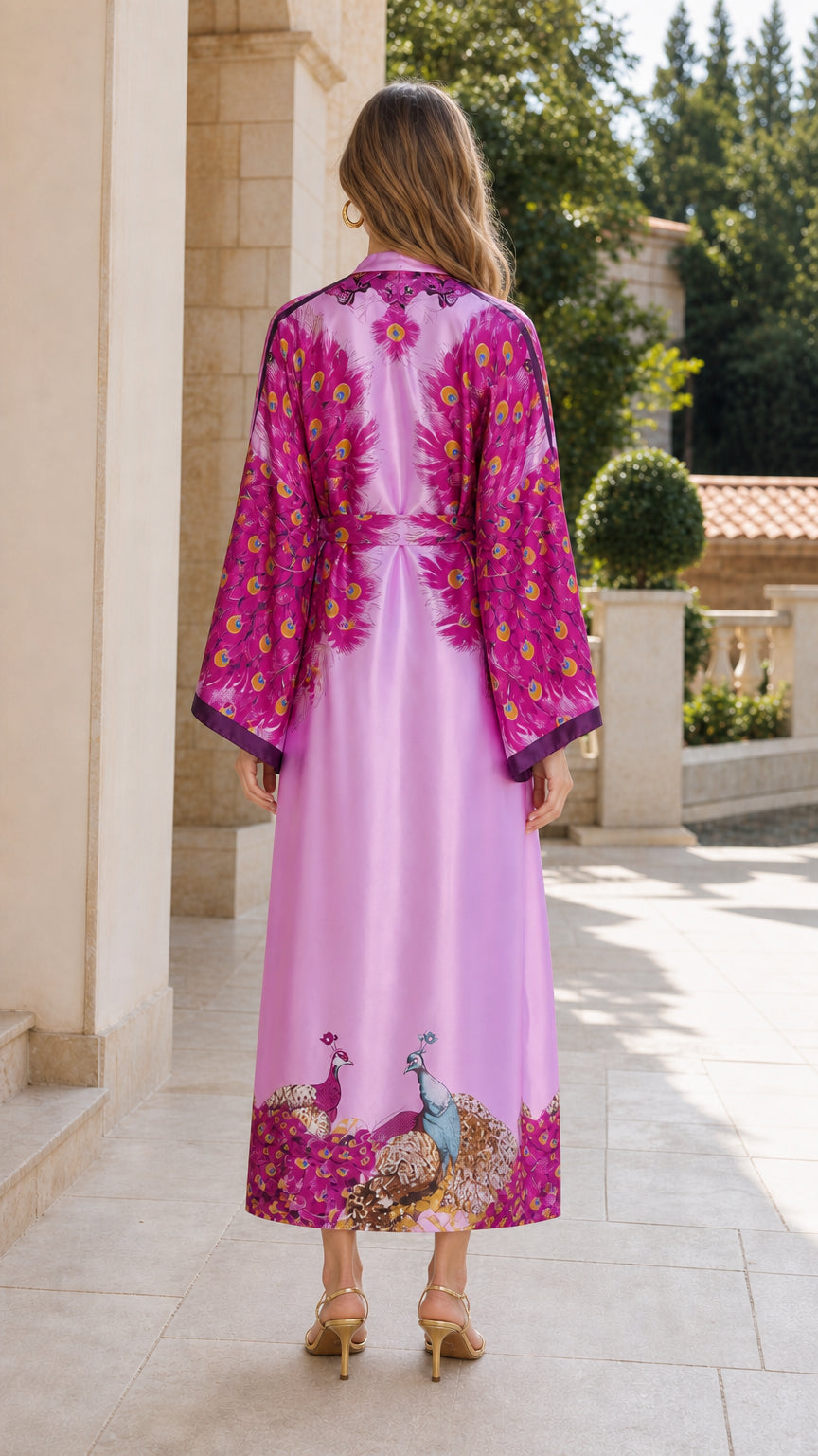 Back view of the lilac kimono set with printed sleeves and decorative trouser hem