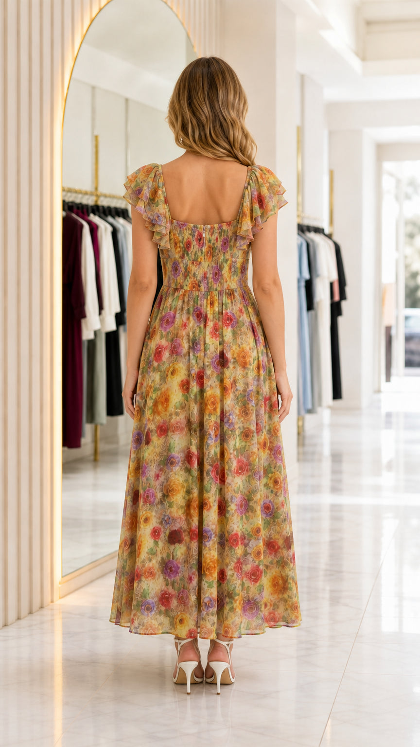 Back view of Yellow Floral dress showing stretchy smocked bodice and A-line silhouette