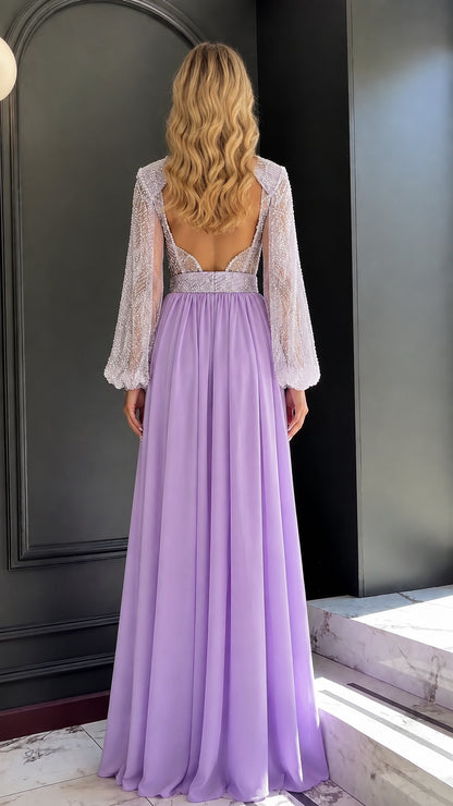 Model wearing lavender beaded evening gown open back view