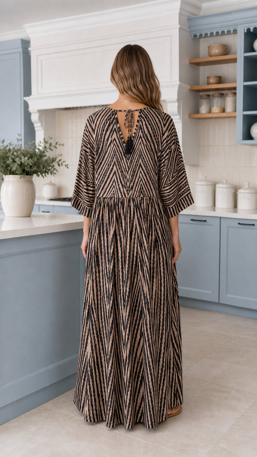 Back view of Mocha Brown wide-leg jumpsuit showing gathered waist and back neckline