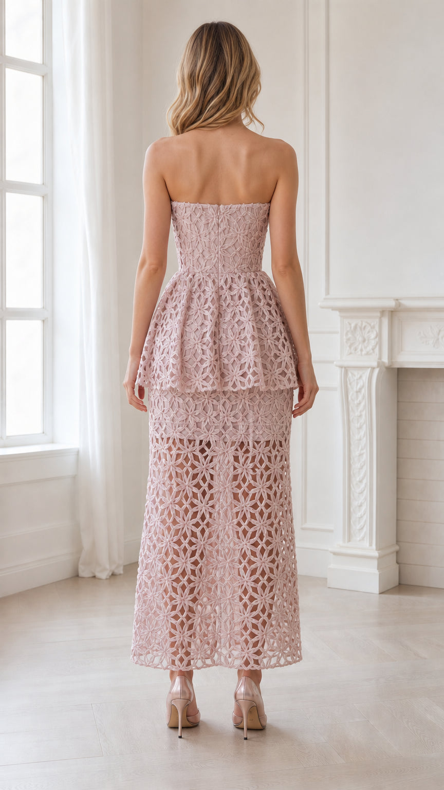 Elegance Strapless Lace Peplum Maxi Dress in Pink back view
