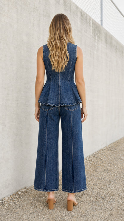 Back view of model wearing blue denim peplum top and wide-leg pants