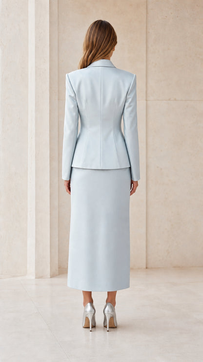 Back view of light blue suit set