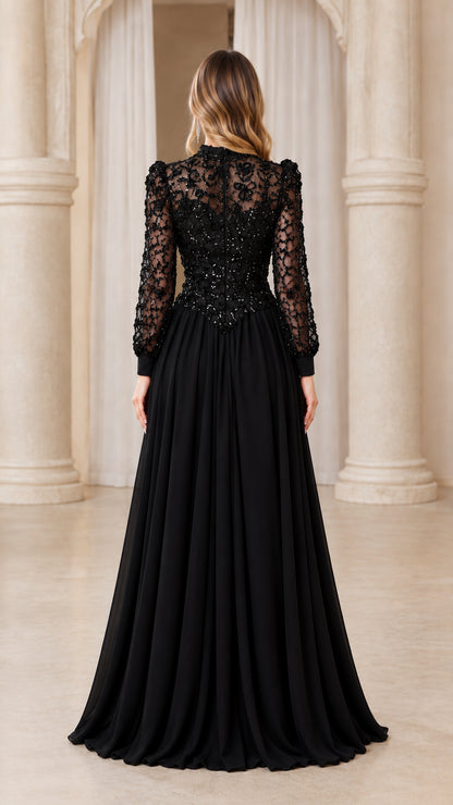 Back view of woman wearing black sheer beaded lace bodice maxi evening gown