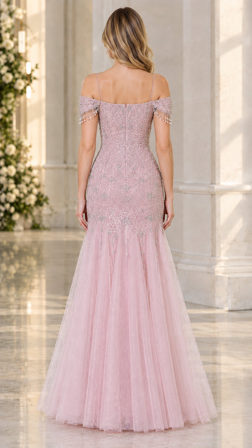 Dusty rose embellished mermaid dress back view