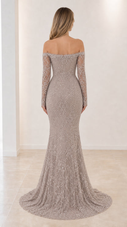 Back view of model in Silver Gray mermaid lace evening dress with sweep train