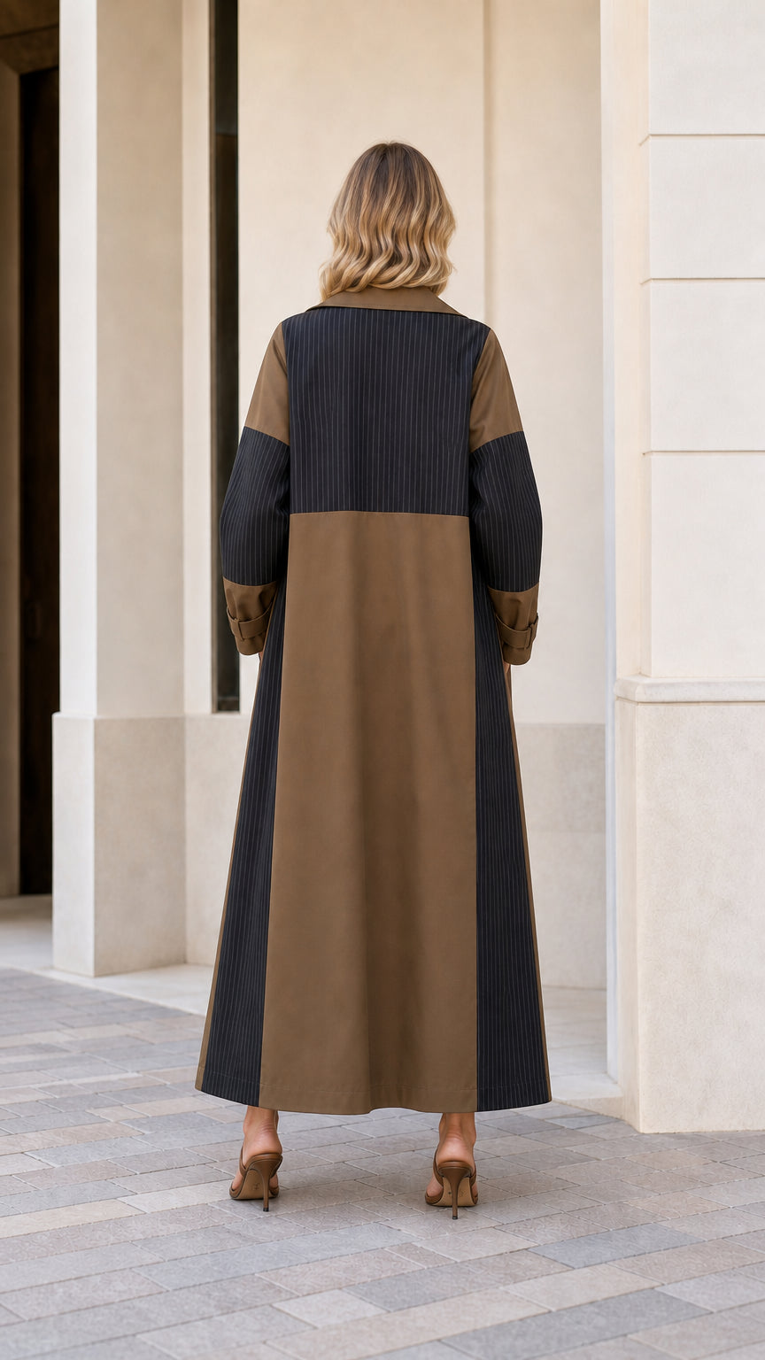 Back view of woman wearing long Mocha Brown and pinstripe contrast duster coat
