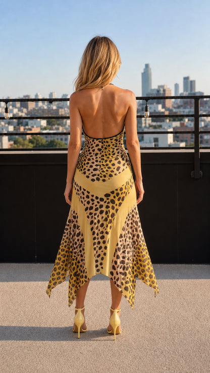 Back view of model showing open back detail of yellow leopard print dress