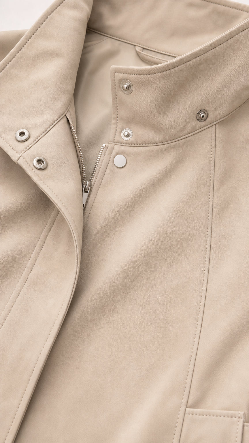 Close-up detail of beige faux leather jacket showing stand collar, zipper, and snap buttons