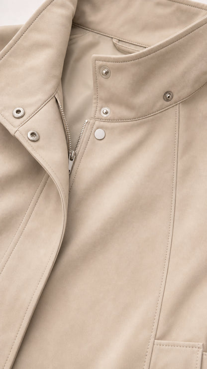 Close-up detail of beige faux leather jacket showing stand collar, zipper, and snap buttons
