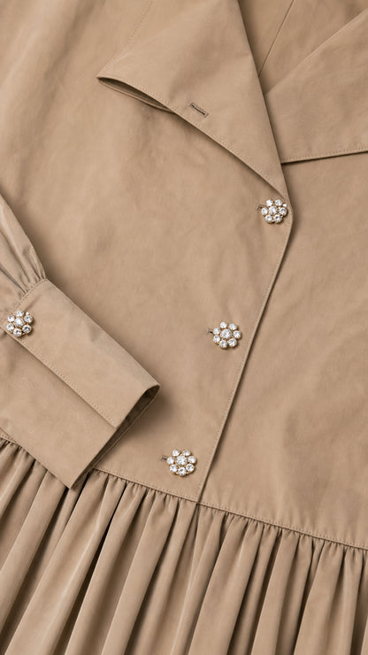 Close-up of collar, crystal buttons, and sleeve cuff