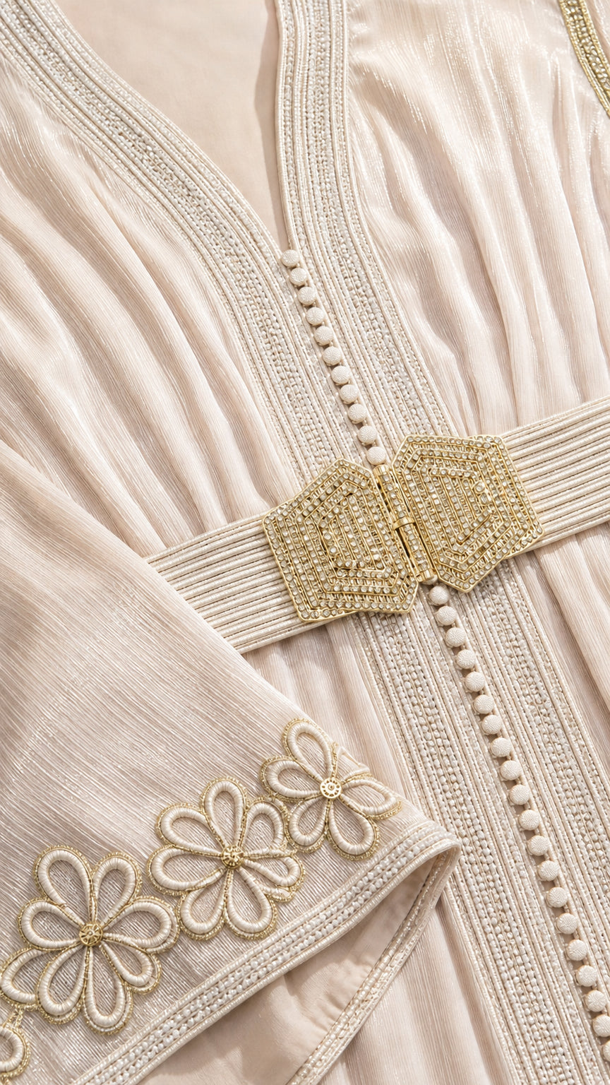 Close-up of embroidered floral cuff, braided trim, and crystal buckle belt