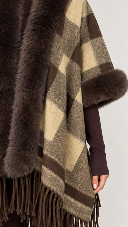Close-up detail of soft plaid knit fabric and faux fur trim