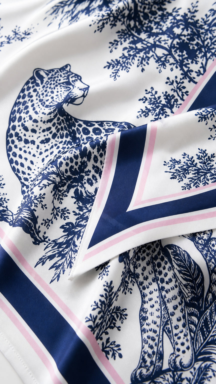 Close-up detail of leopard toile print and contrast borders on silky fabric