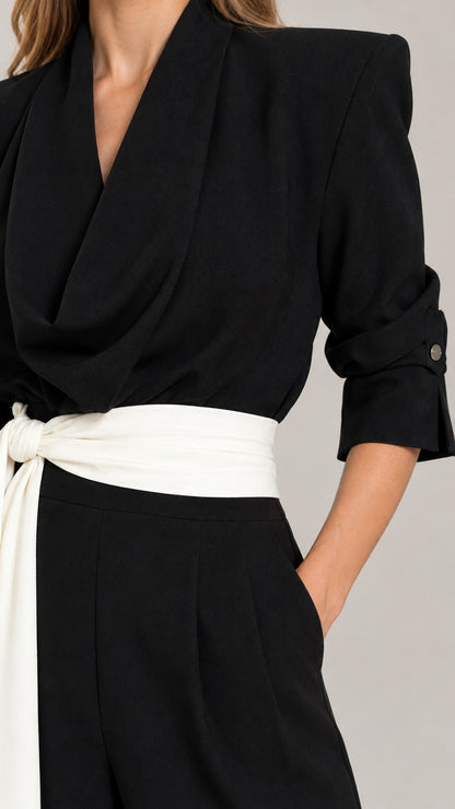Close-up detail of Black cowl neckline, shoulder pads, and cream fringe waist sash