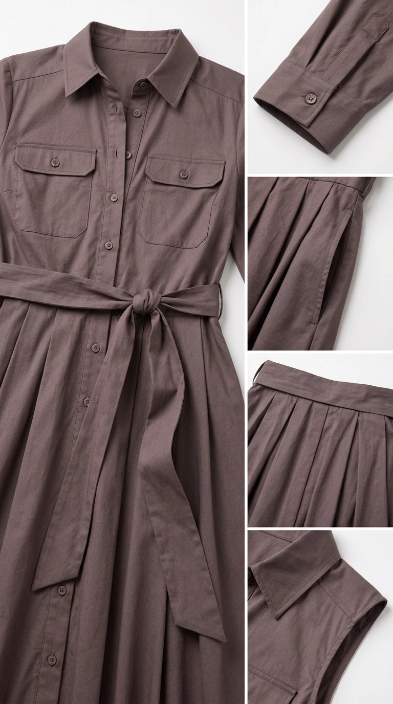 Detailed product shots of collar, buttoned cuffs, side pockets, and pleating