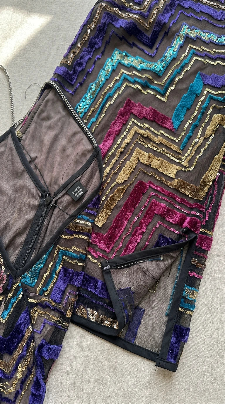 Close-up detail of interior lining, concealed zipper, and sequin mesh construction
