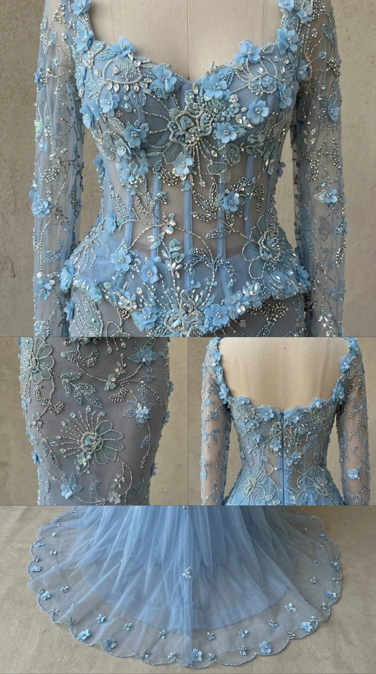 Close-up details of the sheer boned bodice, beadwork, and 3D floral appliqués