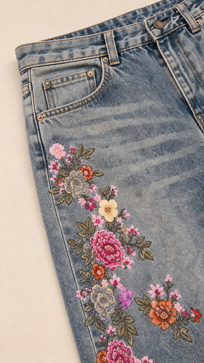 Close-up detail of denim pocket and intricate colorful floral embroidery