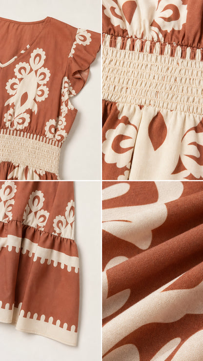 Close-up details of flutter sleeve, smocked waist, and fabric pattern
