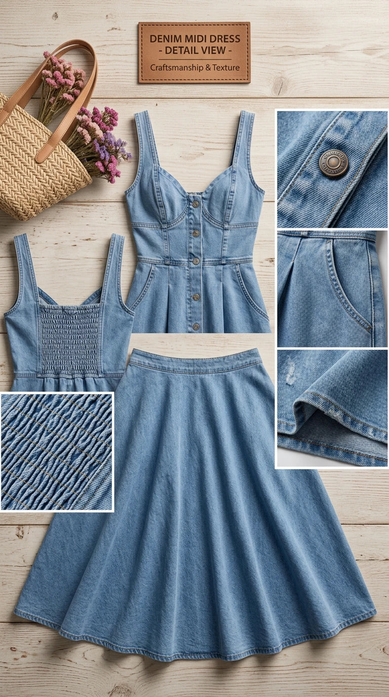 Detailed flat lay of denim midi dress construction and fabric texture