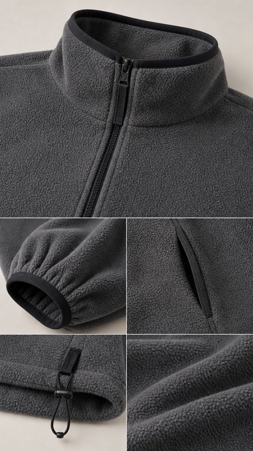 Close-up details of fleece collar, zipper, cuff, pocket, and toggle hem