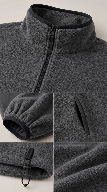 Close-up details of fleece collar, zipper, cuff, pocket, and toggle hem