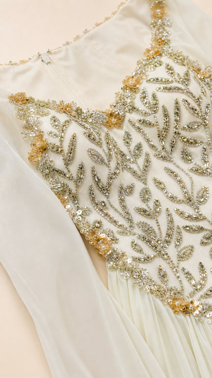 Close-up detail of beaded and embroidered bodice on gown