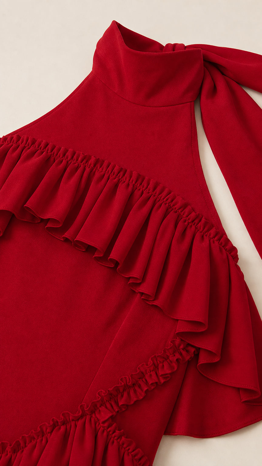 Close-up detail of high neckline and cascading ruffles on Red Dress