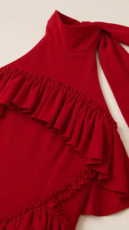 Close-up detail of high neckline and cascading ruffles on Red Dress