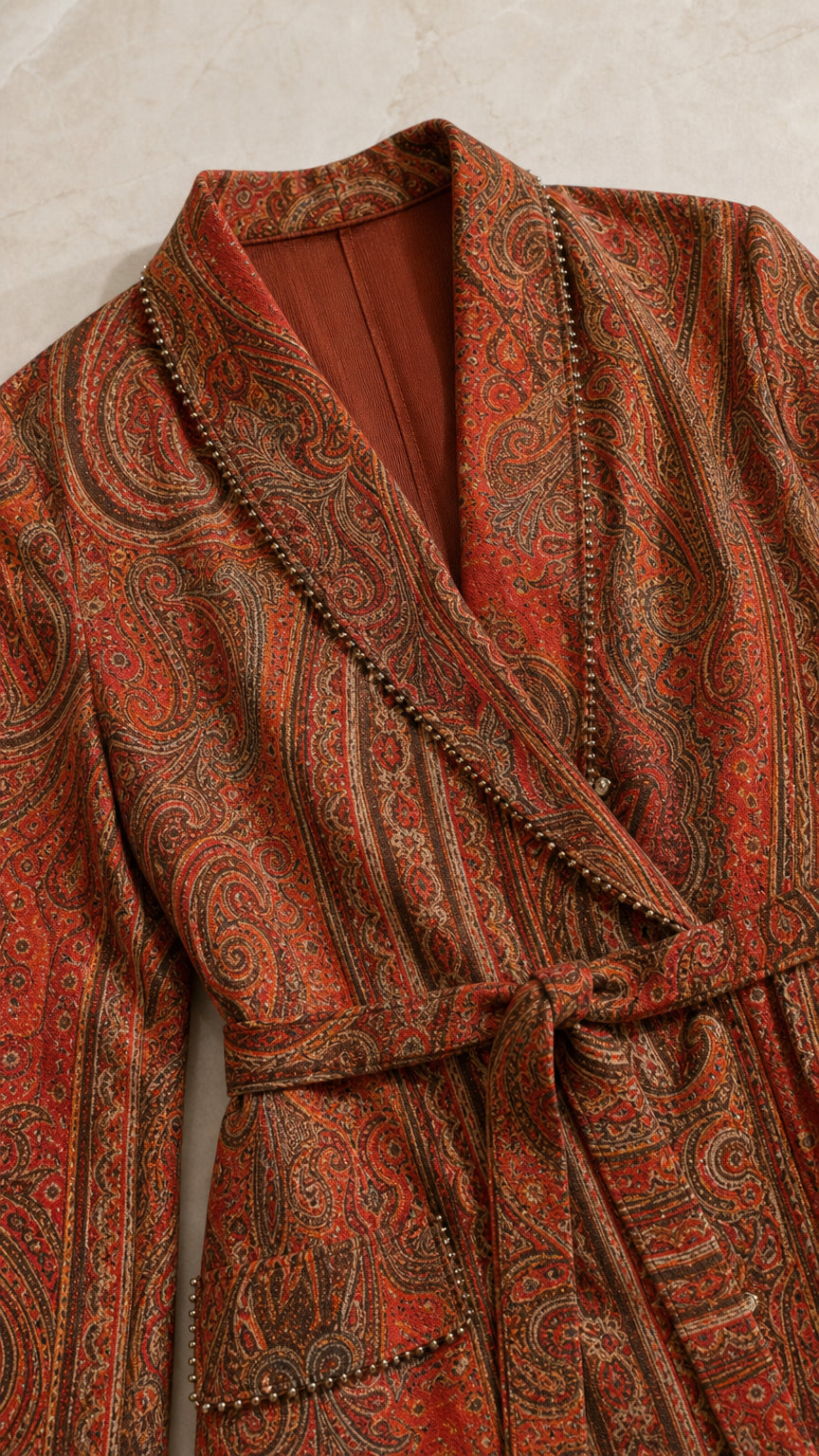 Close-up detail of rust paisley blazer with trim on shawl lapel and tie waist belt