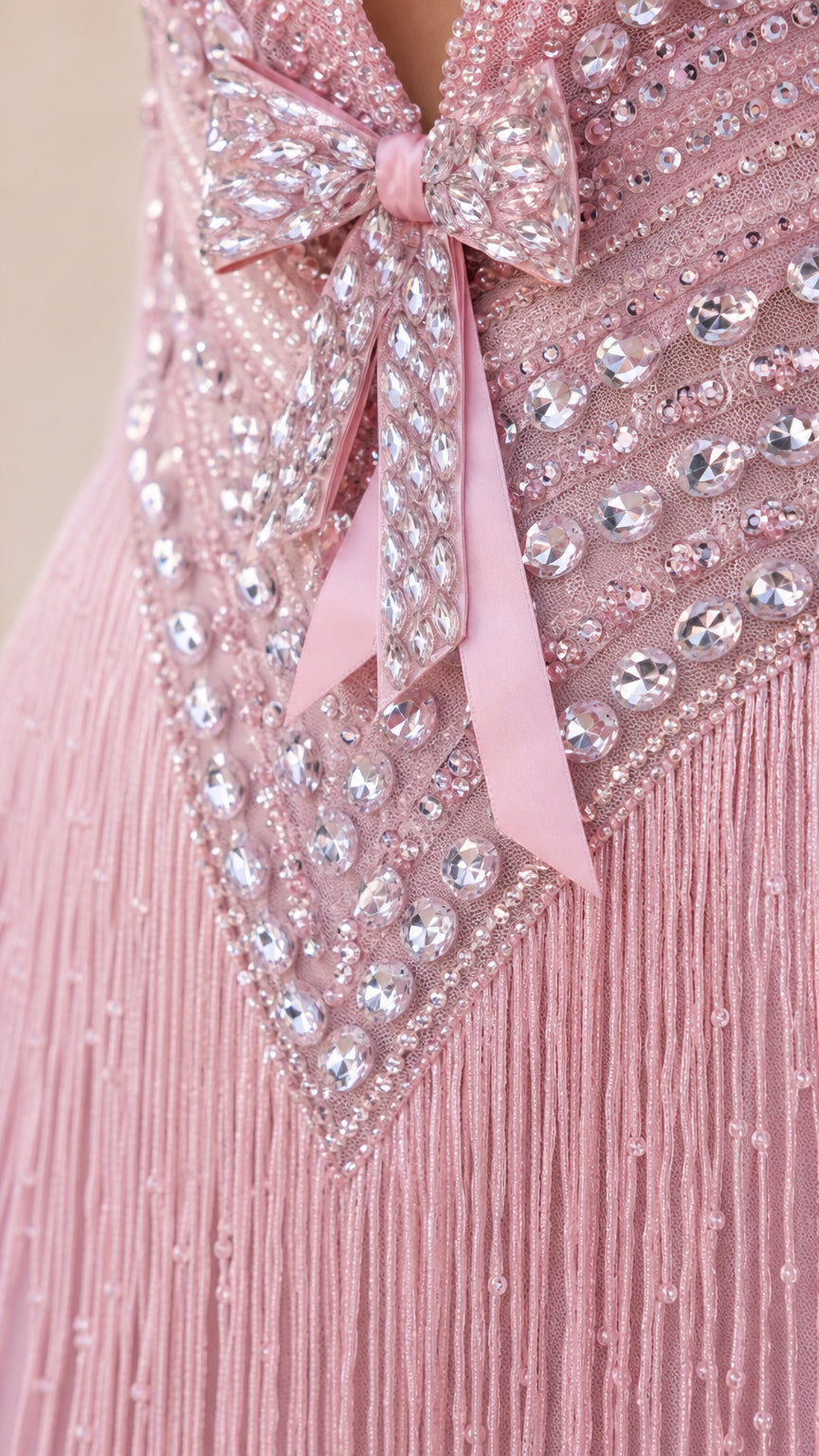 Close-up detail of rhinestone bow embellishments and layered fringe bodice