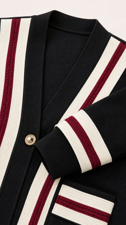 Close-up detail of black knit cardigan showing striped trim, button closure, and pocket