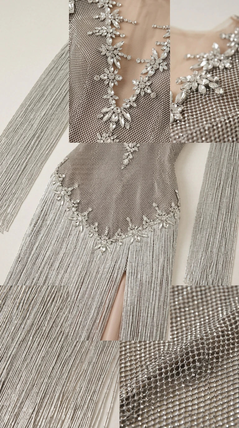 Close-up detail of rhinestone crystal neckline appliques and textured mesh fabric