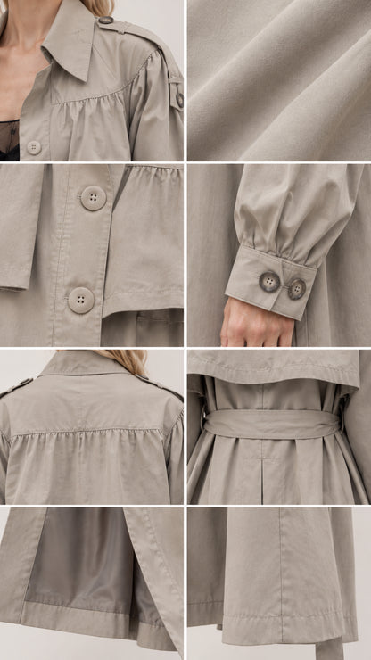 Detailed close-up views of gathered shoulder, buttons, cuff, and fabric texture