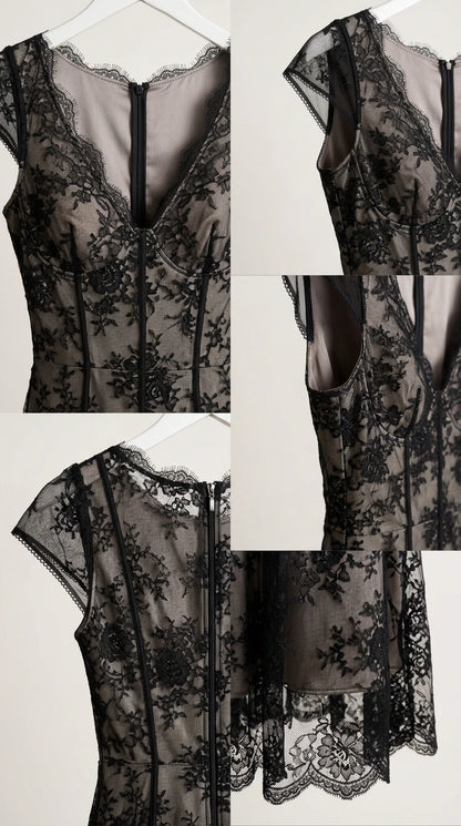 Close-up details of scalloped eyelash lace neckline, cap sleeves, and corset bodice