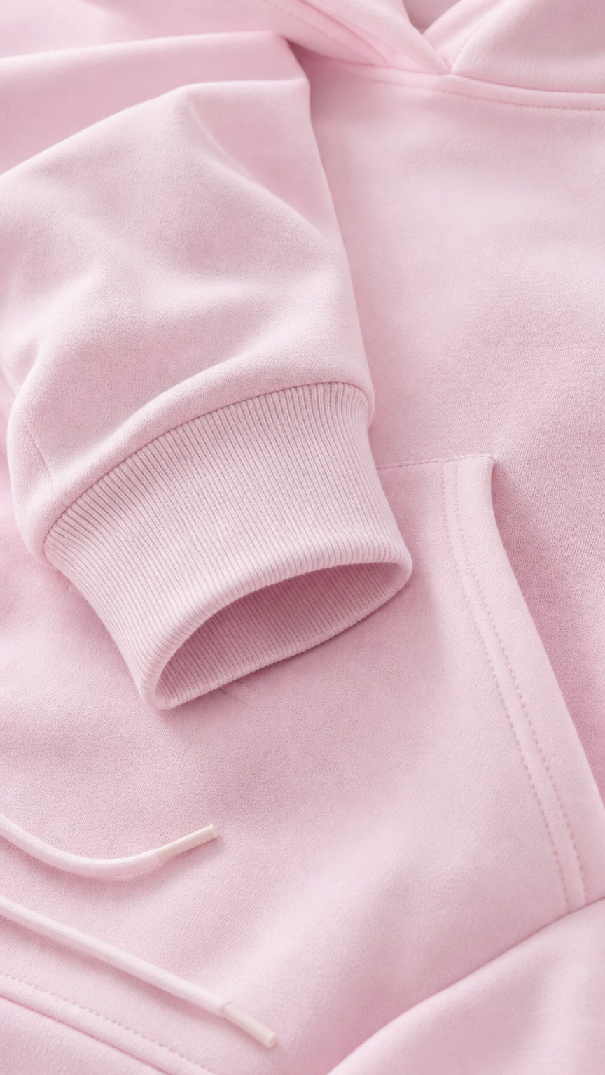 Close-up of blush pink sweatshirt fabric, ribbed cuff, and kangaroo pocket