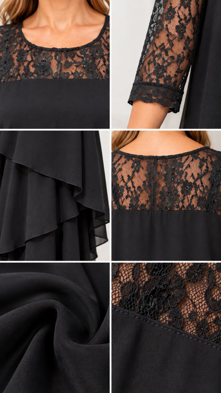 Detailed close-ups of black floral lace neckline, sleeves, and tiered chiffon fabric
