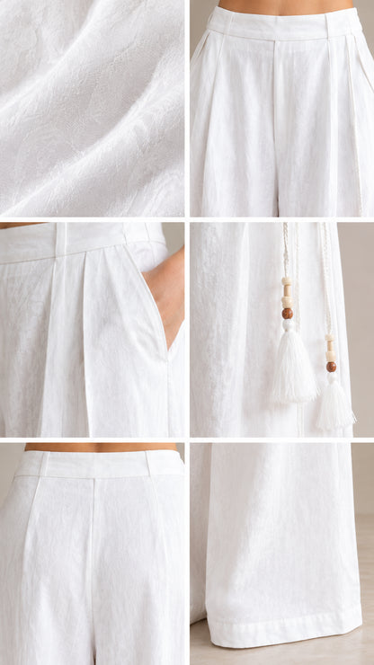 Close-up detail collage showing white fabric texture, waistband, pockets, and beaded tassel