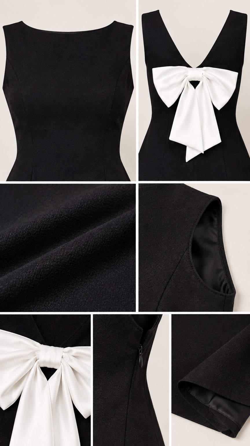 Close-up details of neckline, back bow, fabric texture, and zipper closure