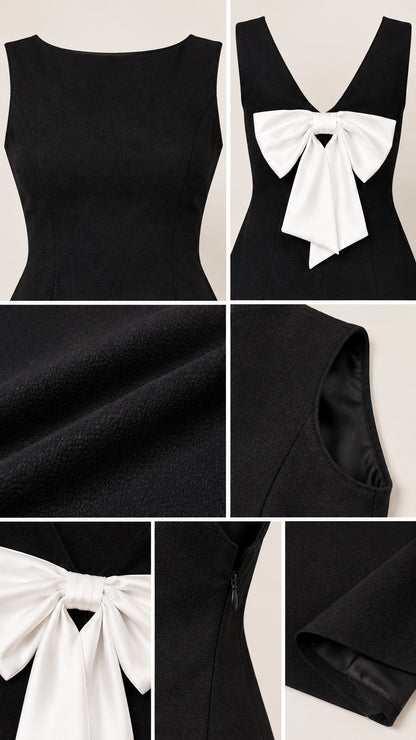Close-up details of neckline, back bow, fabric texture, and zipper closure