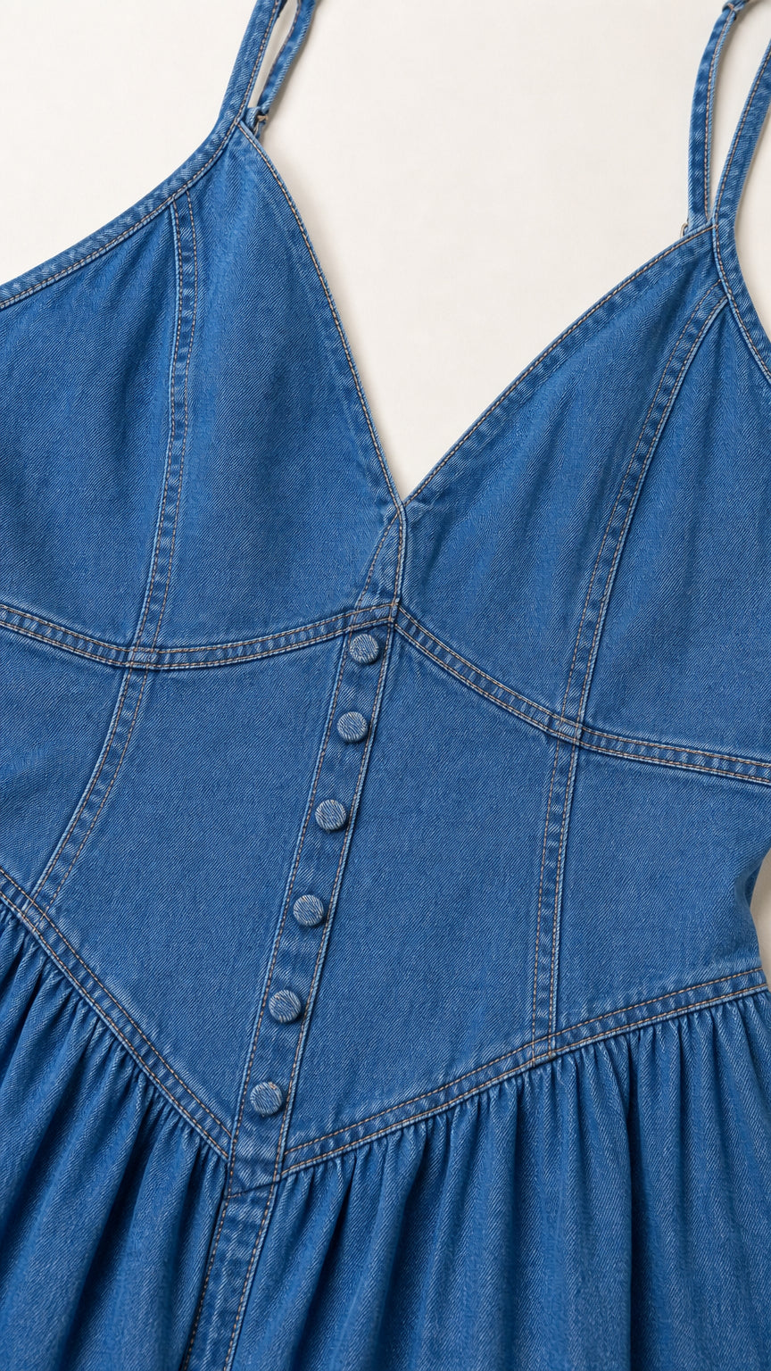 Close-up detail of Denim Blue corset bodice showing V-neckline and covered buttons