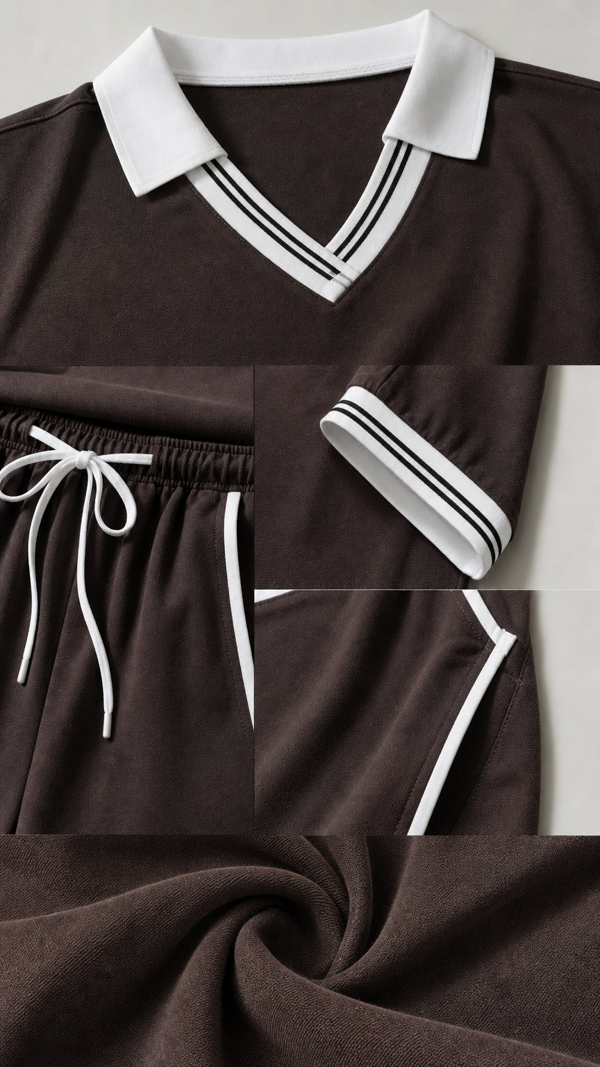 Close-up of the chocolate brown jumpsuit's striped V-neck collar, sleeve cuff, drawstring waist, and fabric texture