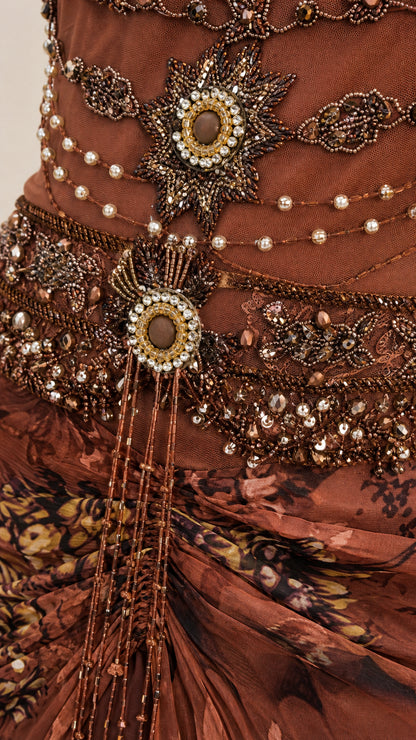 Close-up detail of beaded bodice and jeweled accents