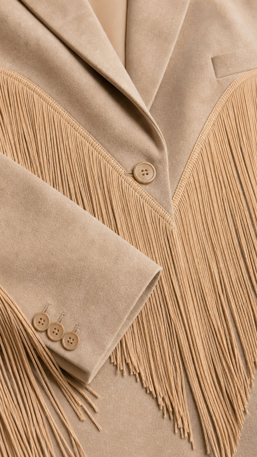 Close-up of lapel, buttons, and fringe detail