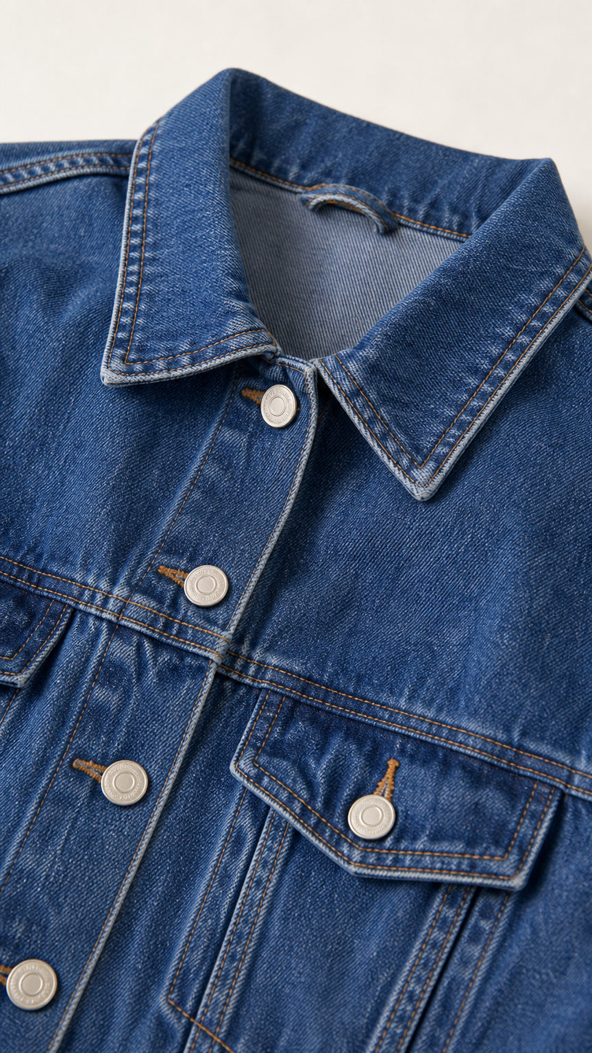 Close-up detail of point collar, silver buttons, and pocket on Medium Blue denim jacket