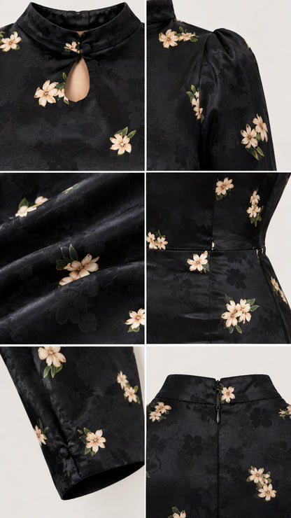 Close-up details of keyhole neckline, jacquard fabric texture, cuff buttons, and zipper